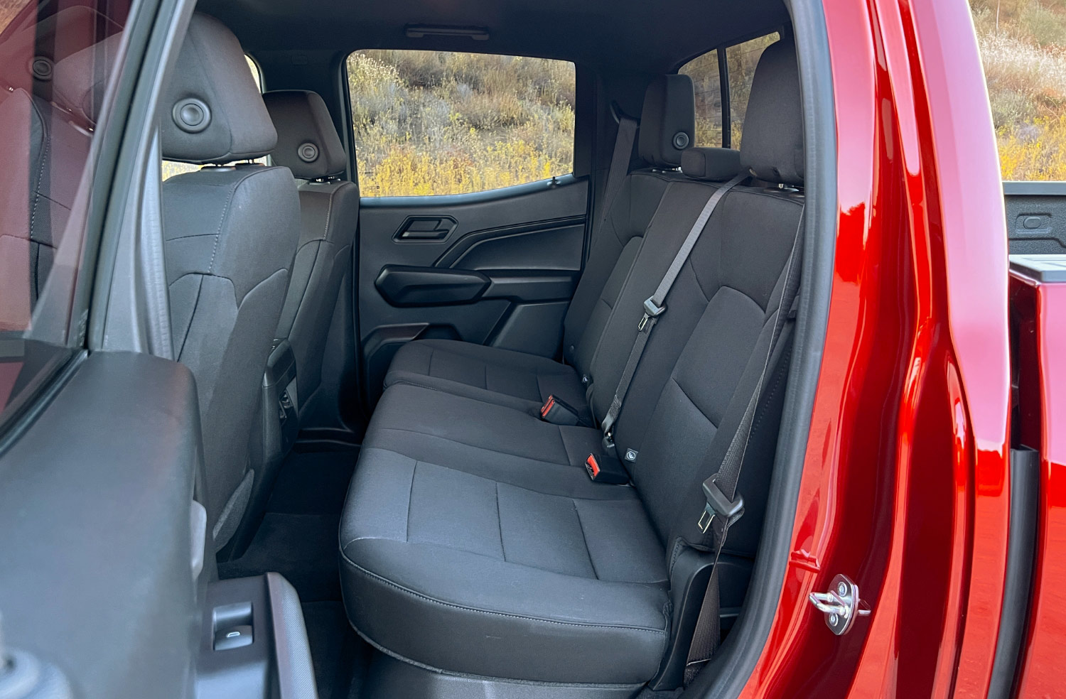 Rear seats in a red 2023 Chevrolet Colorado