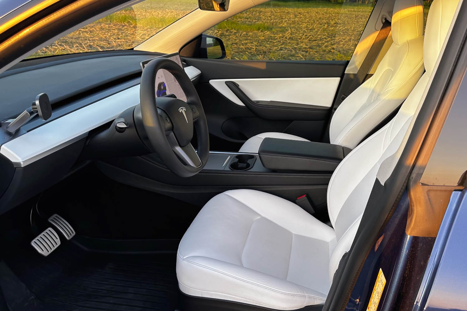  Black and White interior of a 2023 Tesla Model Y.