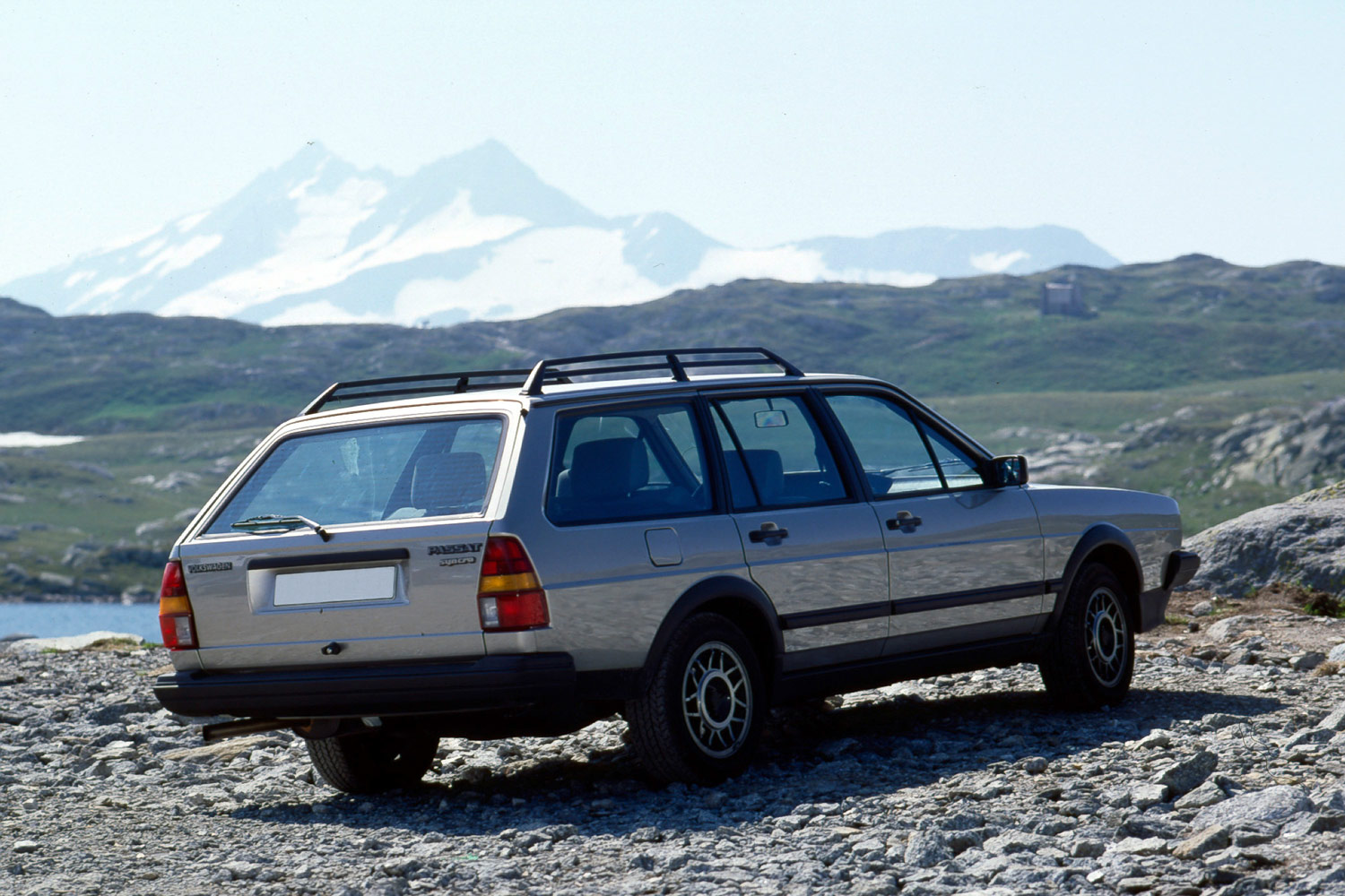 Rear three-quarter view of a silver 1987 VW Passat with Syncro