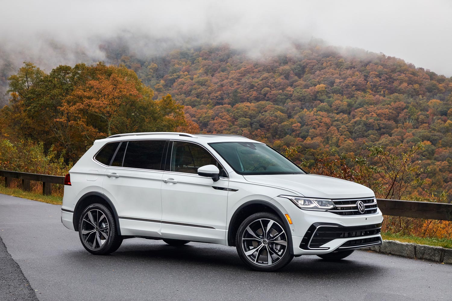 From three-quarter view of a white 2022 VW Tiguan