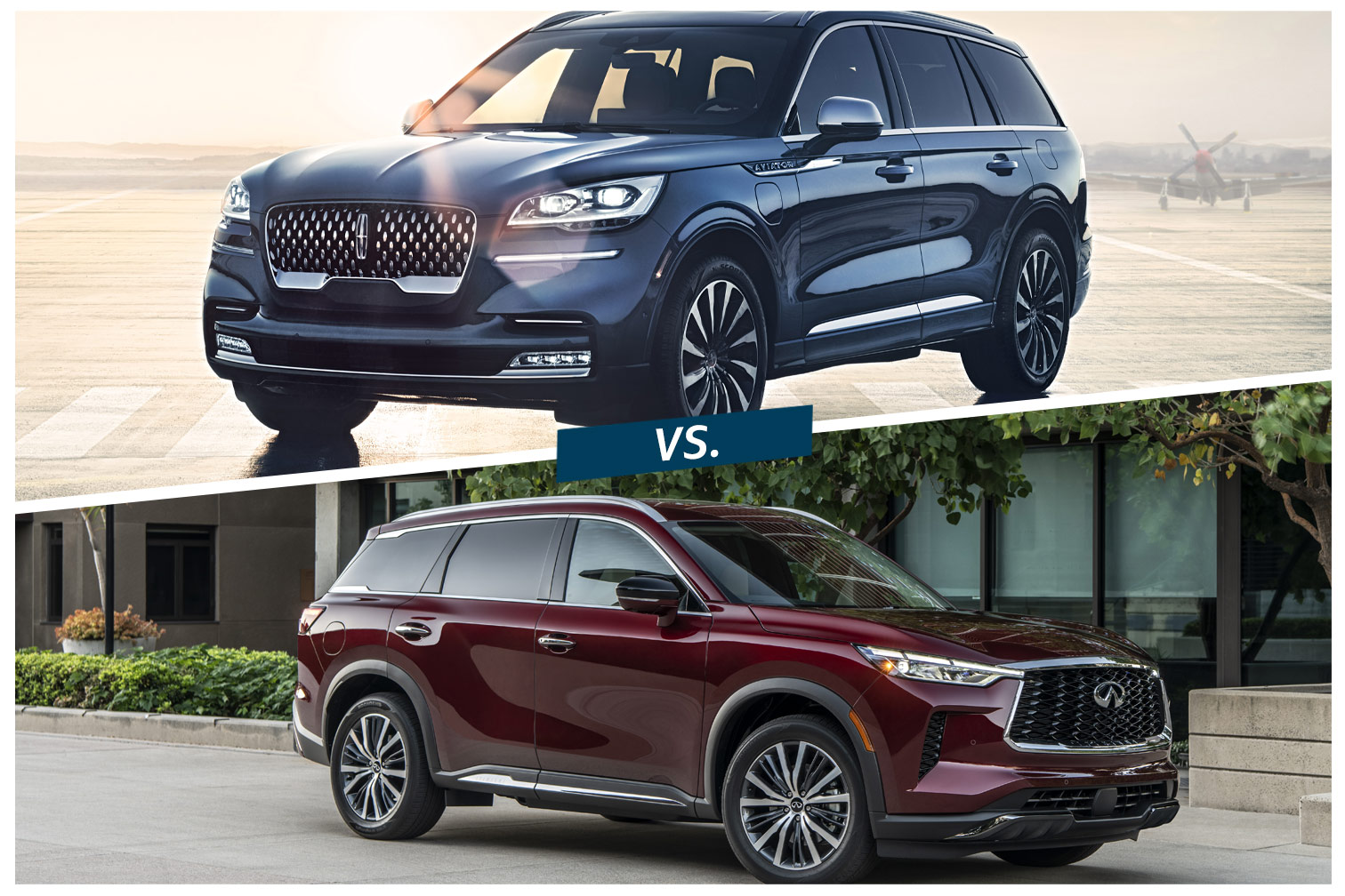 2022 Lincoln Aviator in dark blue on top part of a split image with 2023 Infiniti QX60 in dark red