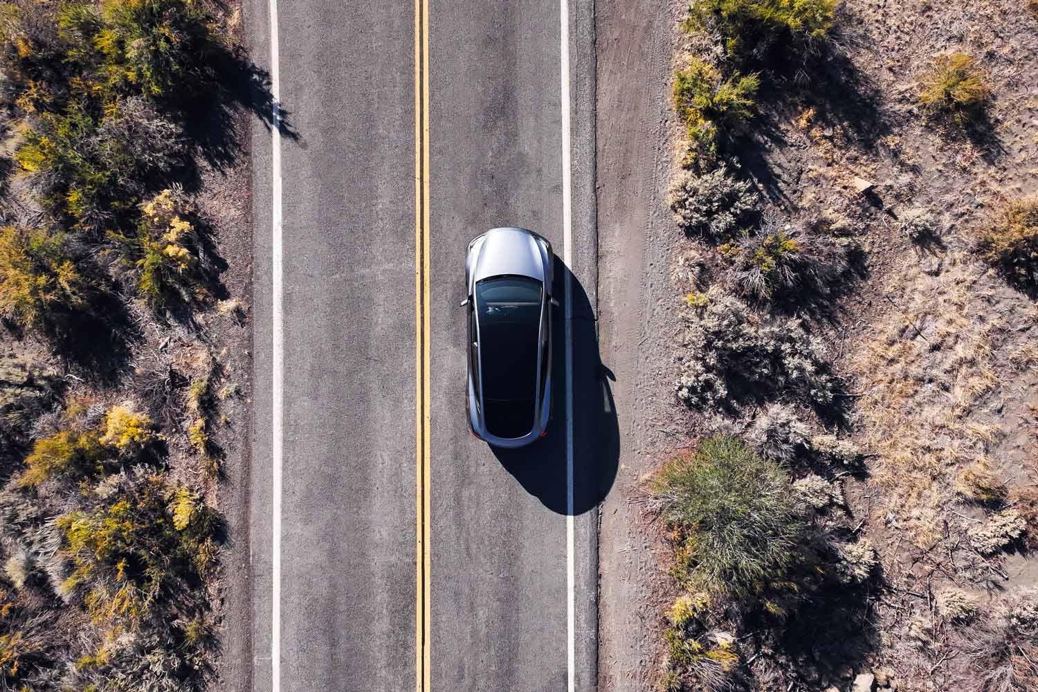  View from above of a silver Tesla Model Y