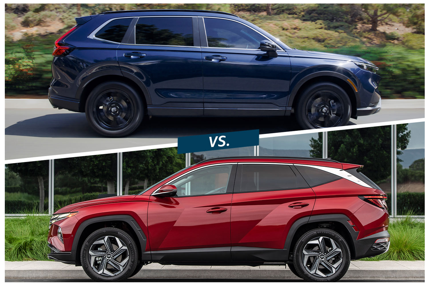 Side view of a blue 2024 Honda CR-V and side view of a red 2024 Hyundai Tucson