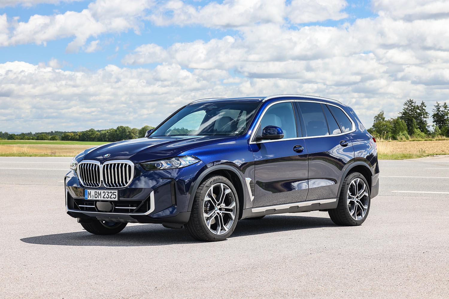 BMW X5 in blue parked in parking lot with fields and trees behind it