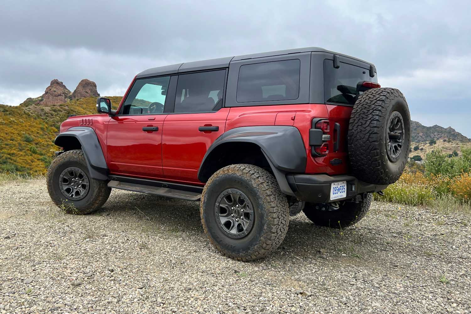 Rear three-quarter view of 2023 Ford Bronco in red