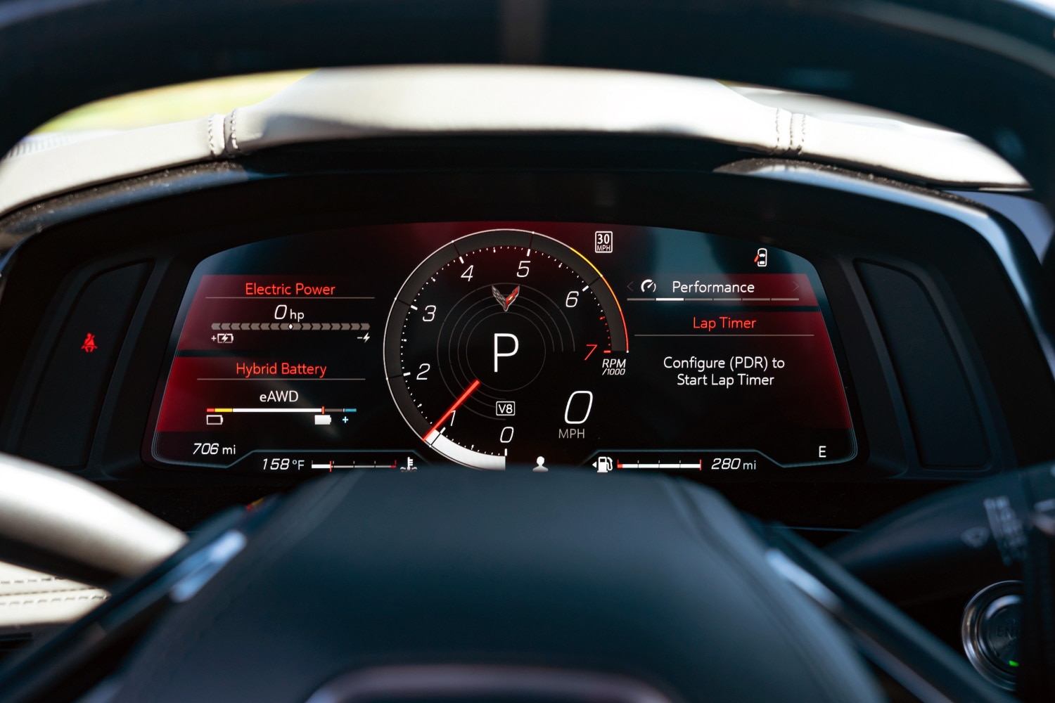 2024 Chevrolet Corvette E-Ray instrument binnacle with digital gauge cluster.