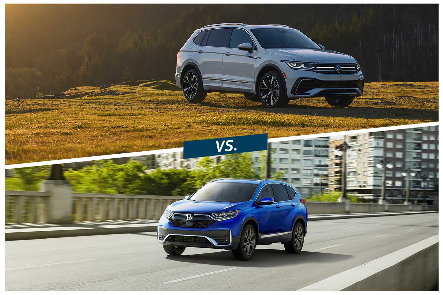2022 Volkswagen Tiguan SEL R-Line in Oryx White vs 2022 Honda CR-V Touring in blue