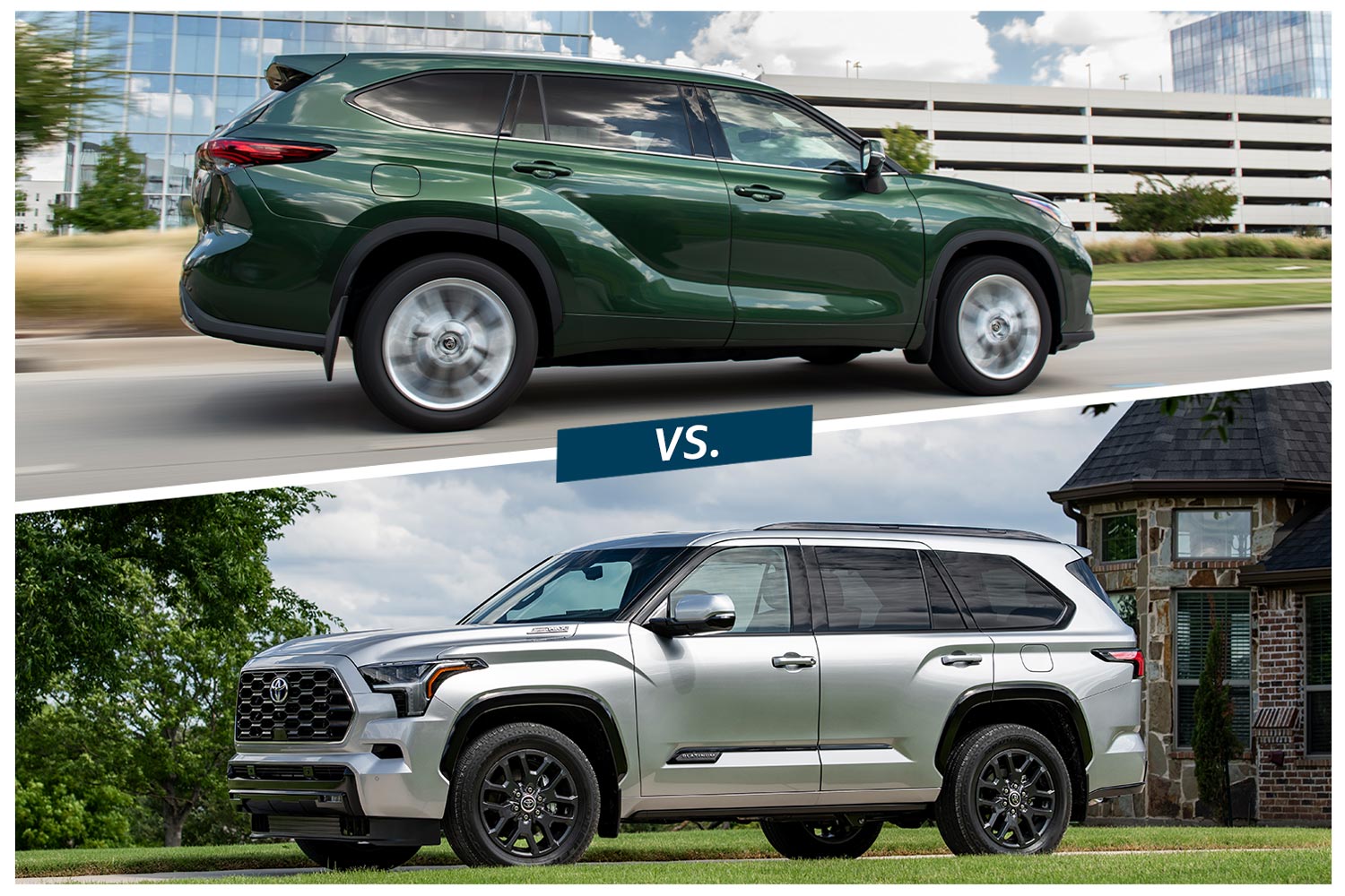 Side views of a green 2023 Toyota Highlander and a silver 2023 Toyota Sequoia