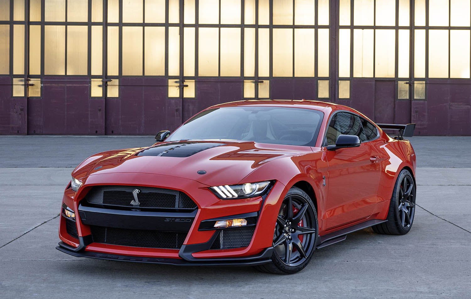 Front three-quarter view of a red 2022 Ford Mustang Shelby GT500.