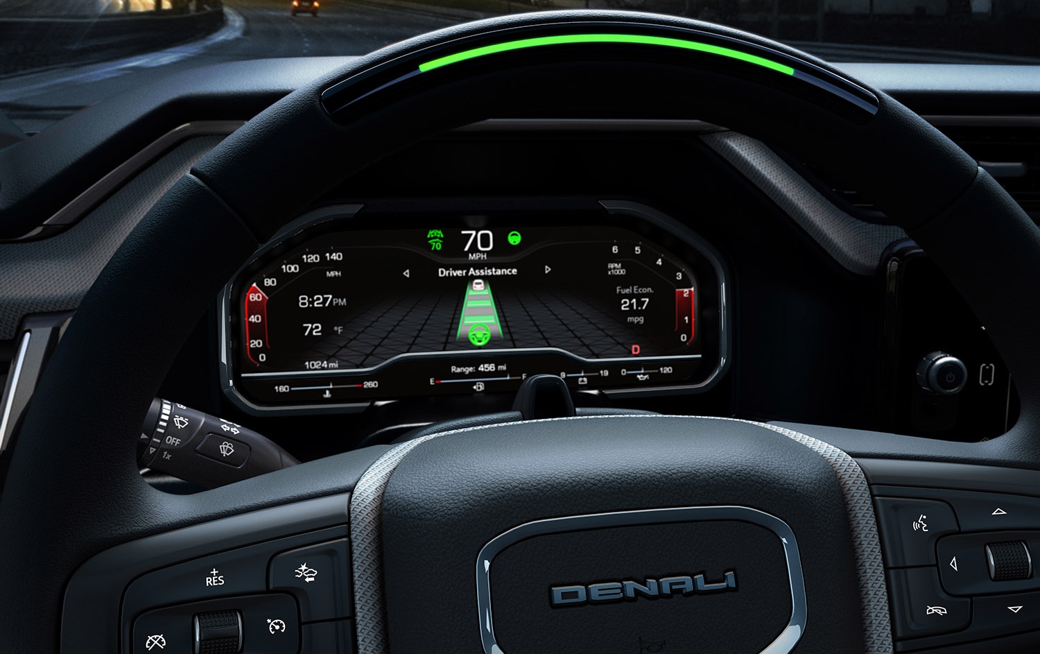 GMC Sierra Denali steering wheel with Super Cruise screen