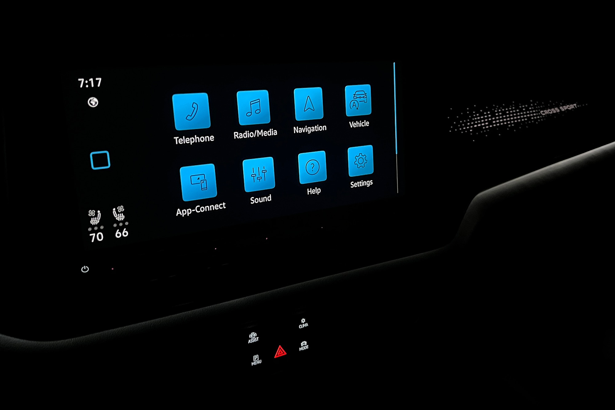 Infotainment screen in a 2024 Volkswagen Atlas Cross Sport at night