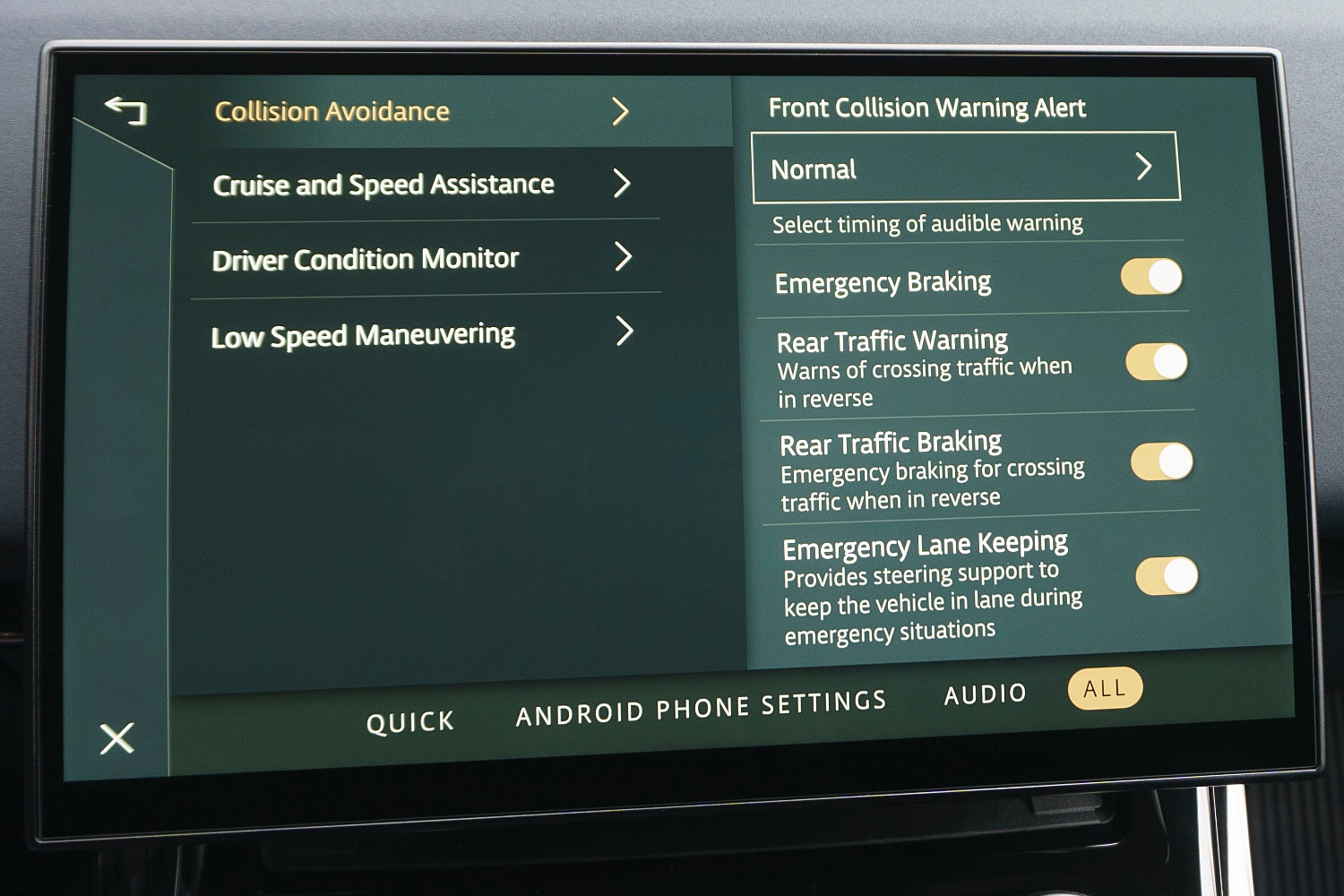  2023 Land Rover Range Rover Sport Pivi Pro infotainment system displaying advanced driver-assistance systems settings.
