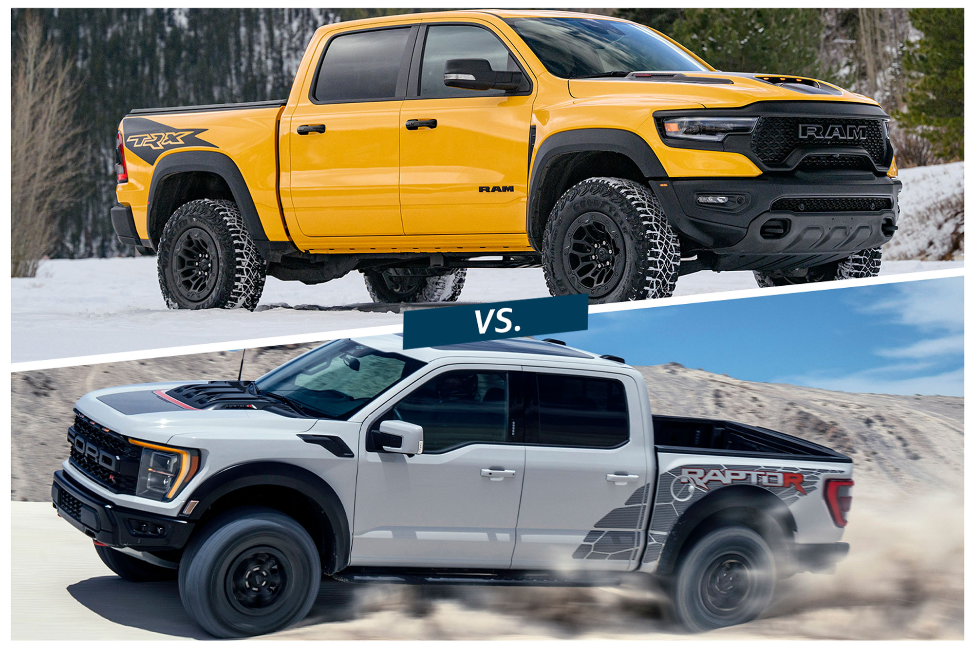 A yellow 2023 Ram 1500 TRX and a gray 2023 Ford F-150 Raptor R