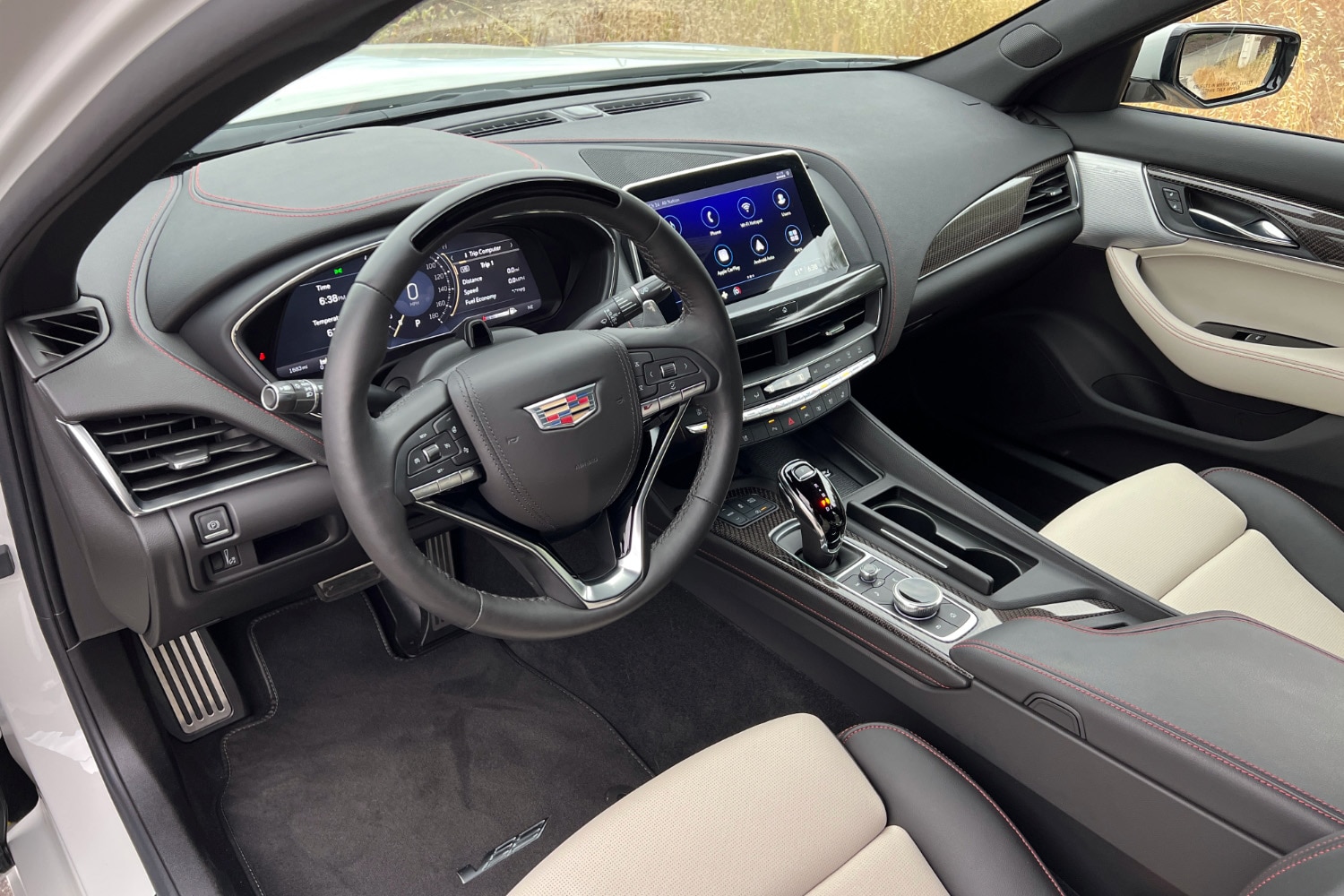 Interior view of the 2023 Cadillac CT5-V showing the two-tone seats and dashboard