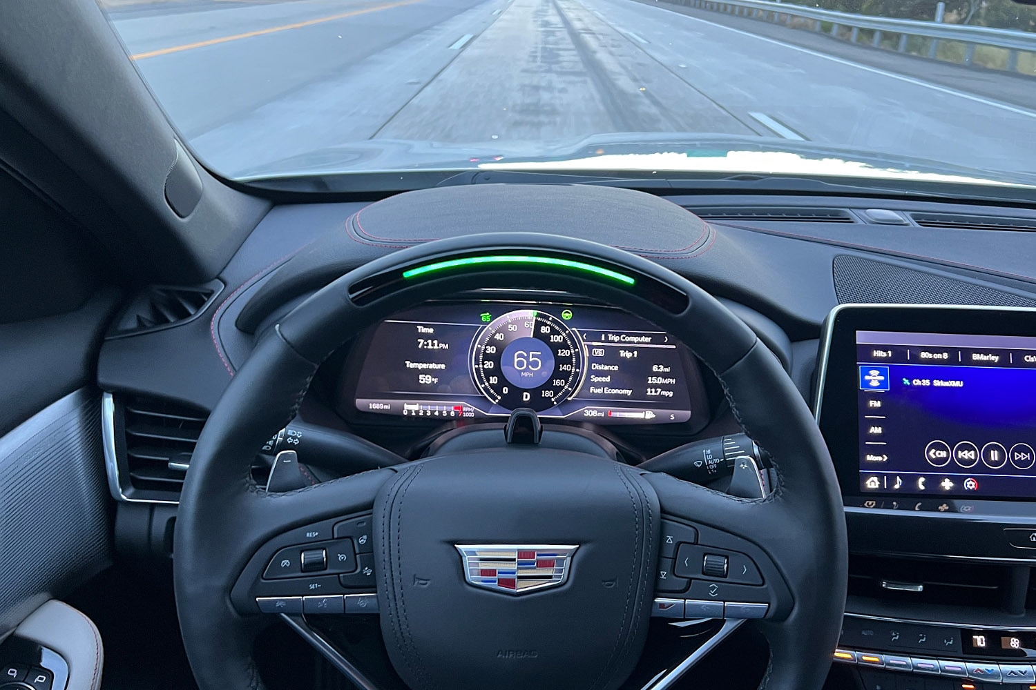 View of the gauge cluster of a 2023 Cadillac CT5-V with Super Cruise engaged
