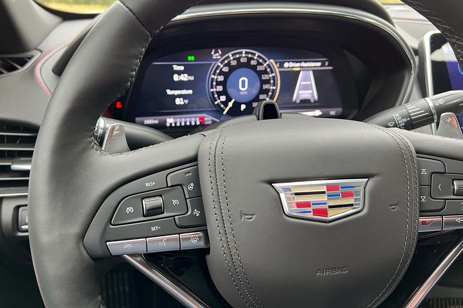 View of the steering wheel and gauge cluster of the 2023 Cadillac CT5-V
