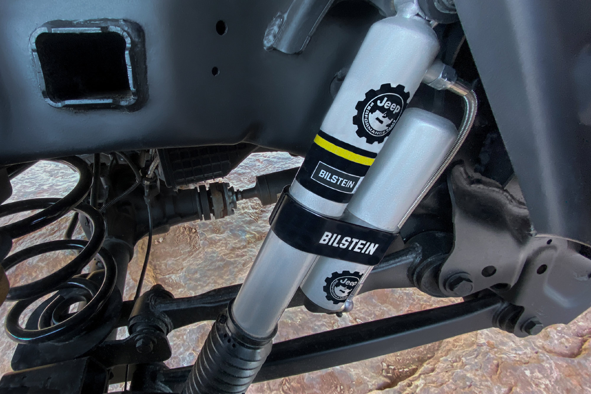 Close-up of a Bilstein shock on a Jeep Wrangler