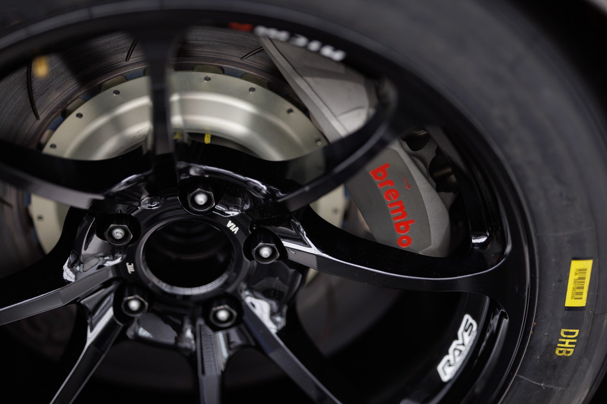 Close-up of a Brembo brake caliper on a Nissan Z GT4