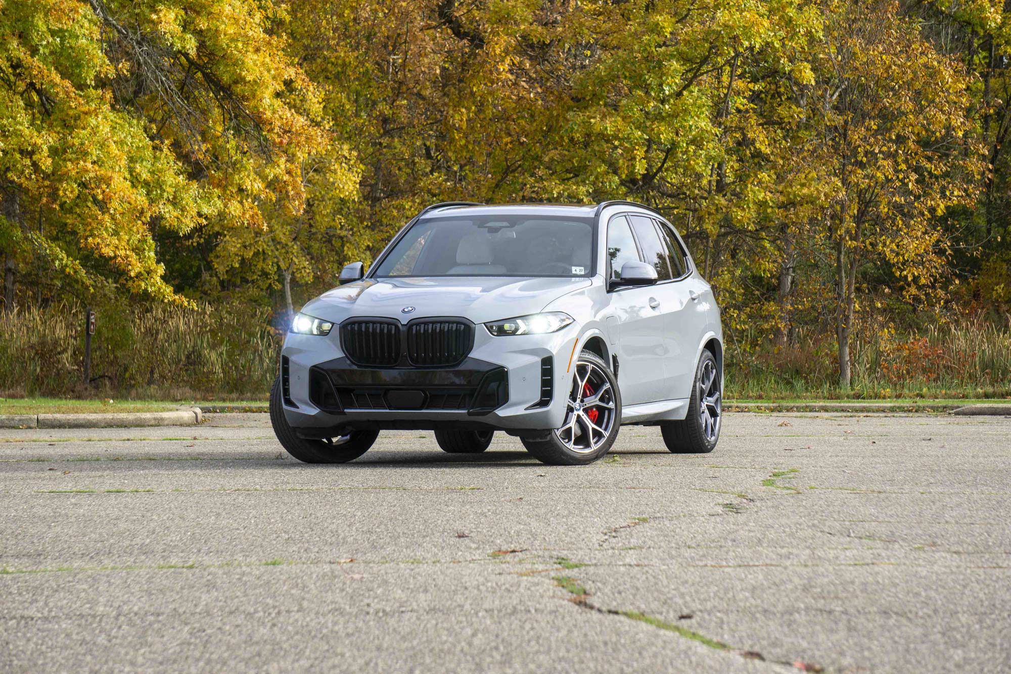 Grey 2024 BMW X5 xDrive50e parked by trees