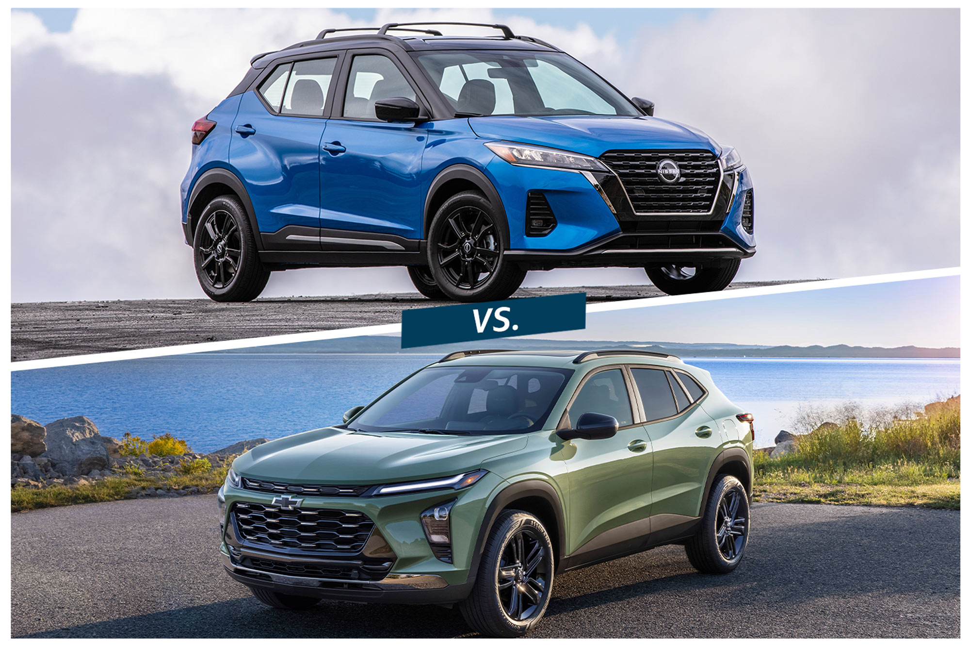 Front three-quarter view of a blue 2024 Nissan Kicks and a green 2024 Chevrolet Trax