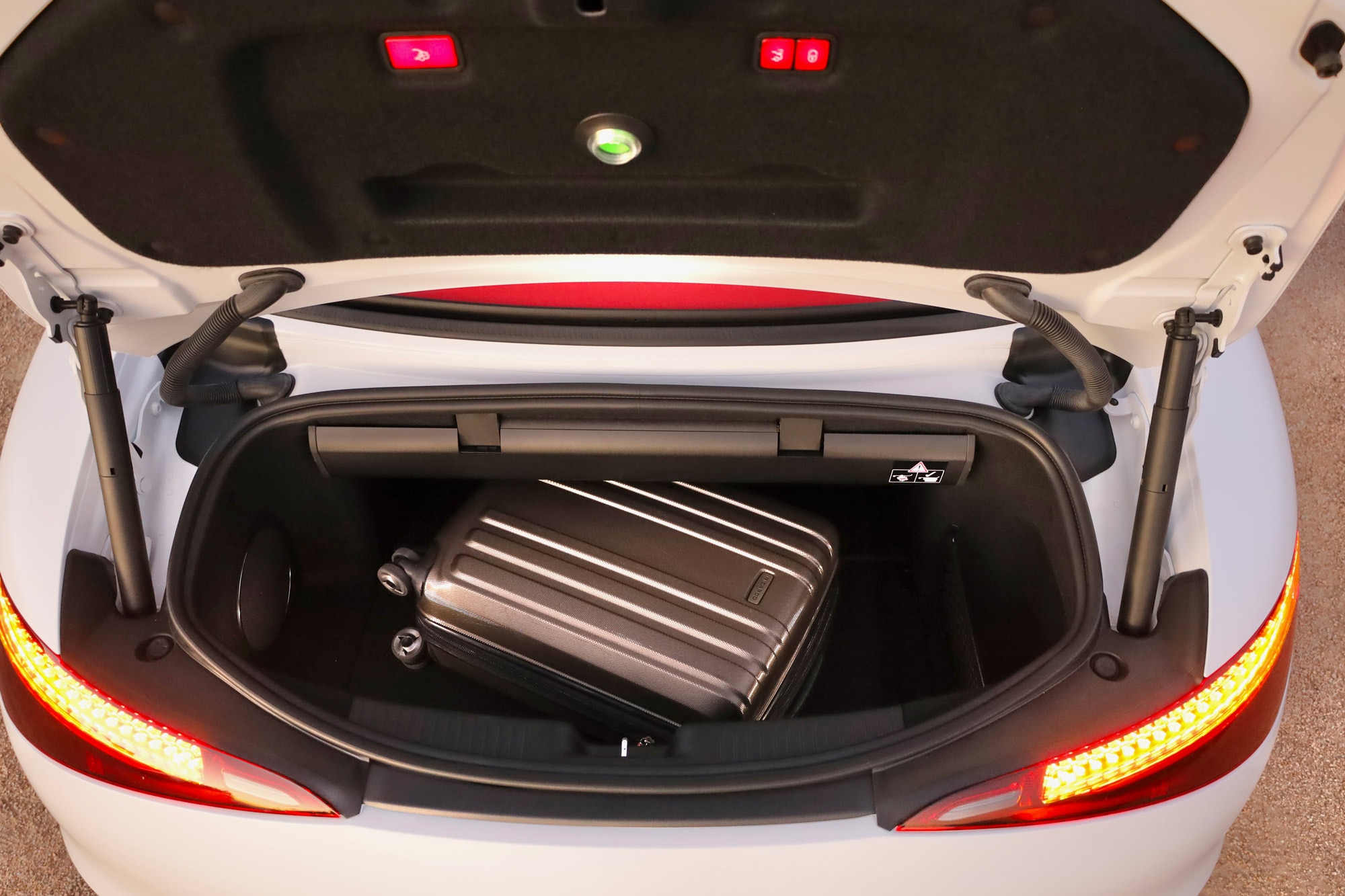 Trunk of a white 2023 Mercedes-AMG SL 43