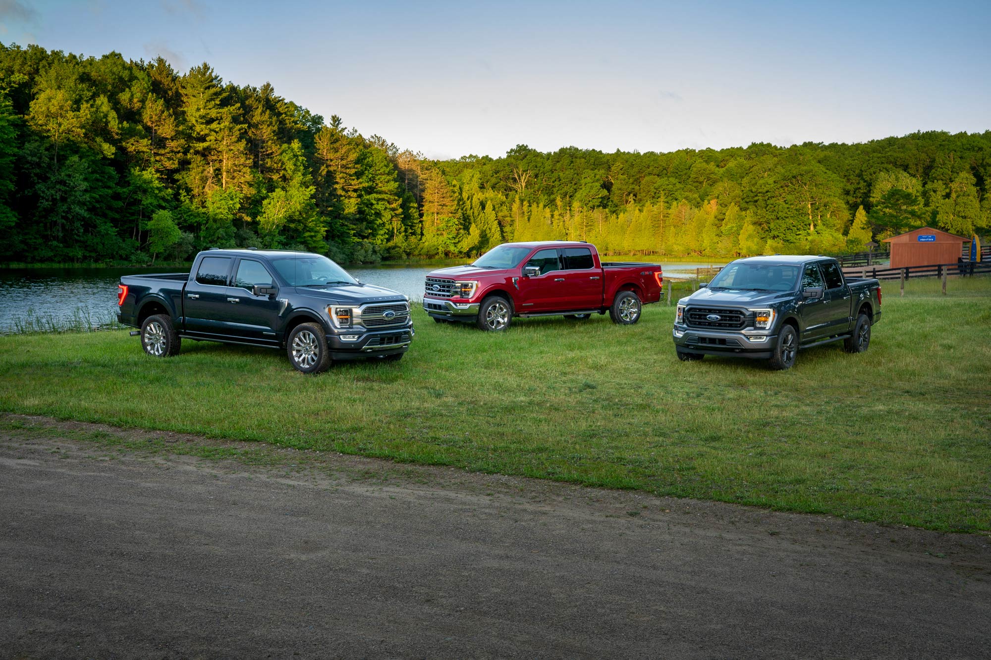 Three Ford F-150 trucks are parked on a grass area by a river with trees behind it.