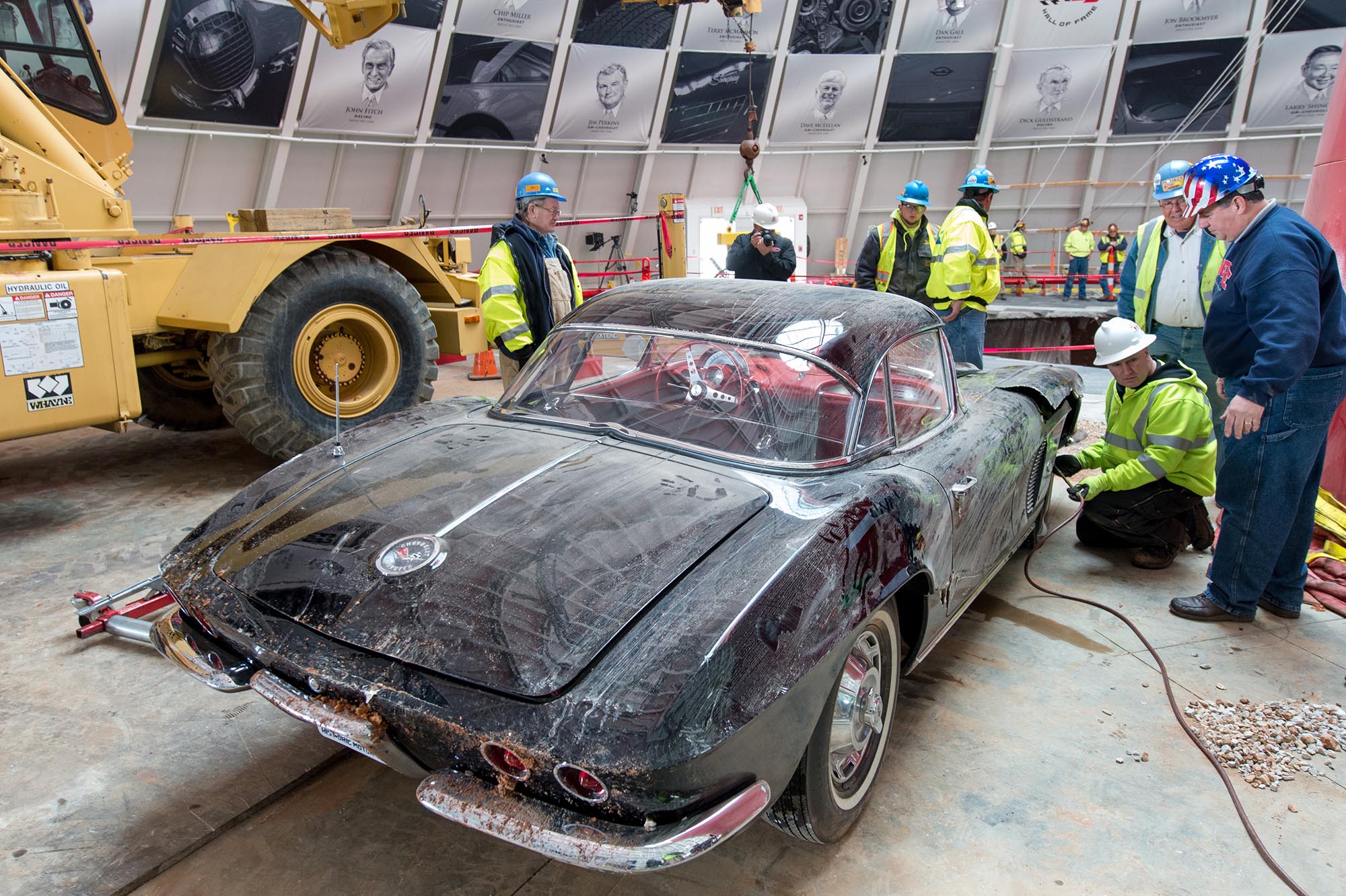 The 1962 Chevrolet Corvette ZR-1 being recovered from the 2014 sinkhole at the Corvette Museum