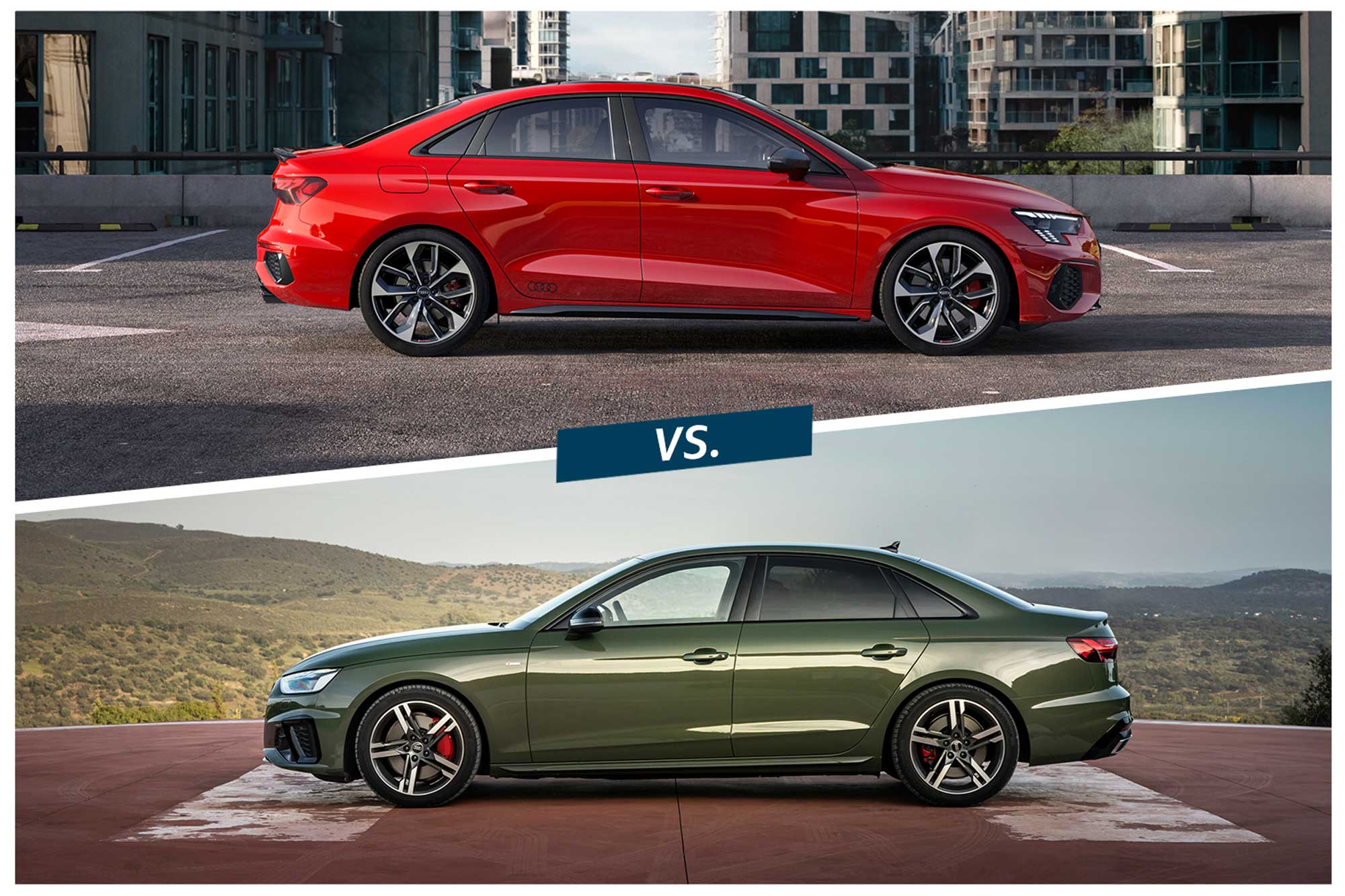 Red 2022 Audi A3 vs. green Audi A4