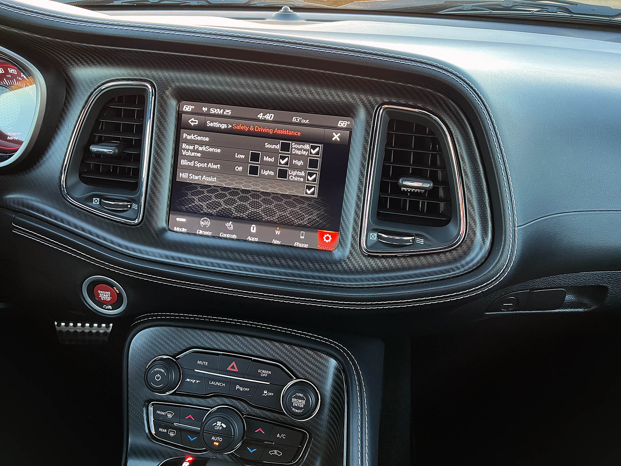 2023 Dodge Challenger Black Ghost safety and driving assistance settings screen.