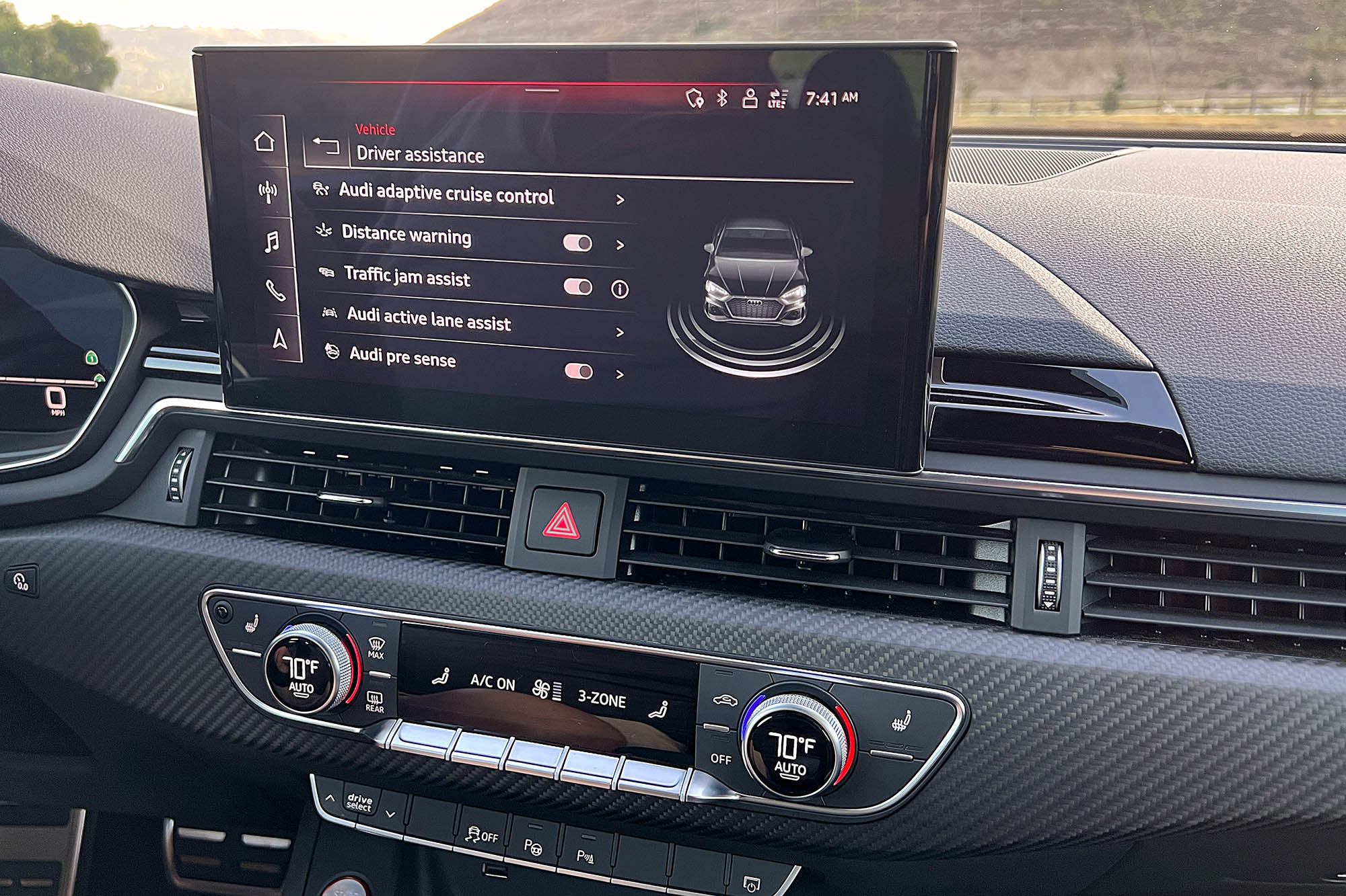 Infotainment screen of a 2023 Audi RS 5 showing safety information