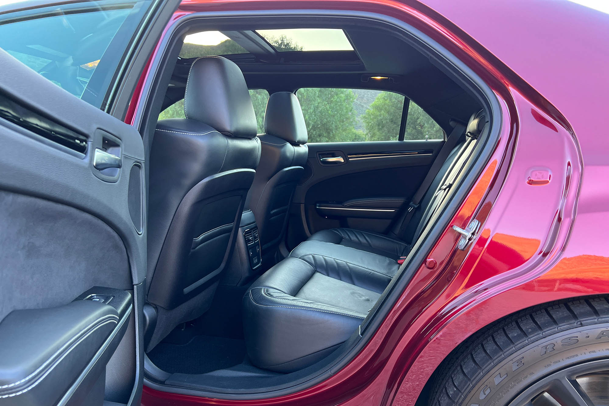Back seats of a red 2023 Chrysler 300