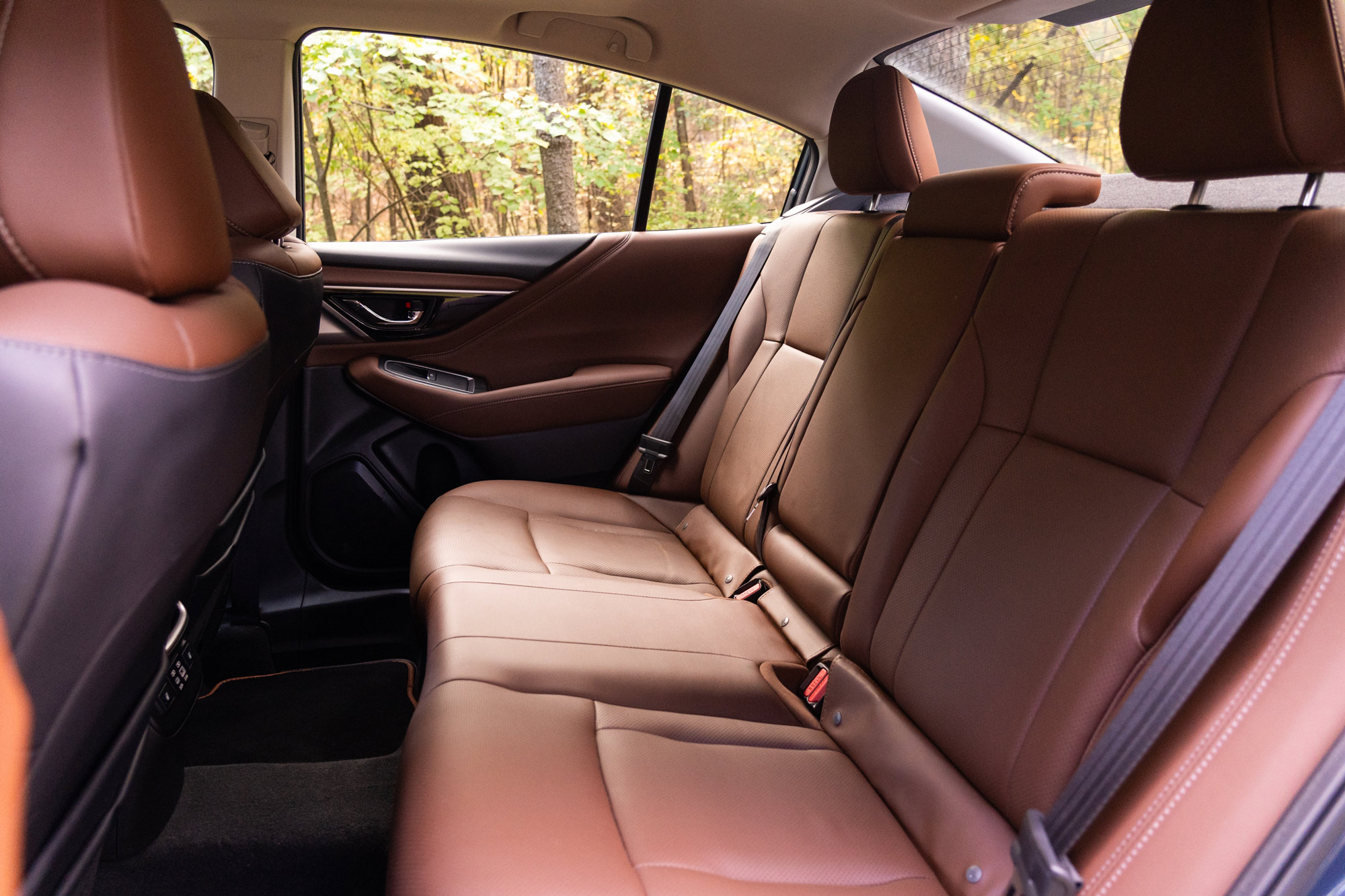 2024 Subaru Legacy rear seats with brown leather interior.