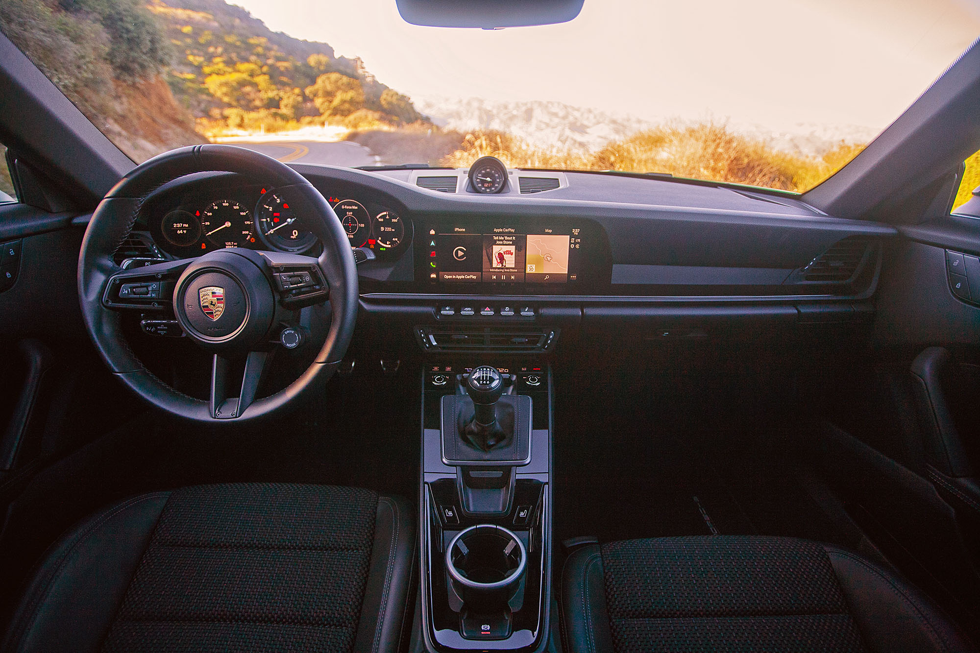 2023 Porsche 911 Carrera T interior, dashboard, and front seat bottoms.