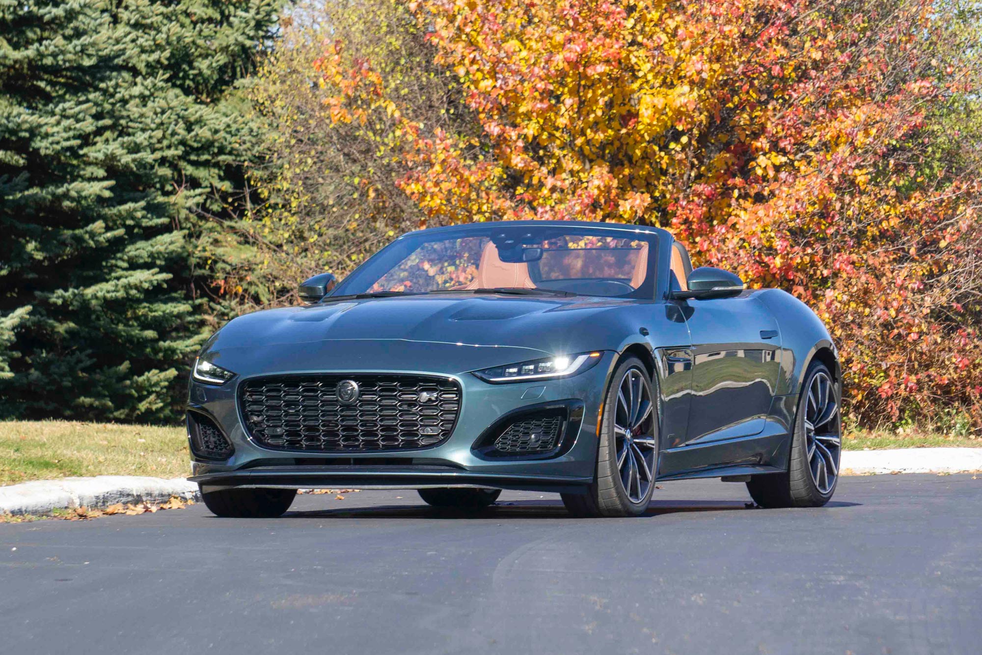 2024 Jaguar F-Type parked on a road by trees.