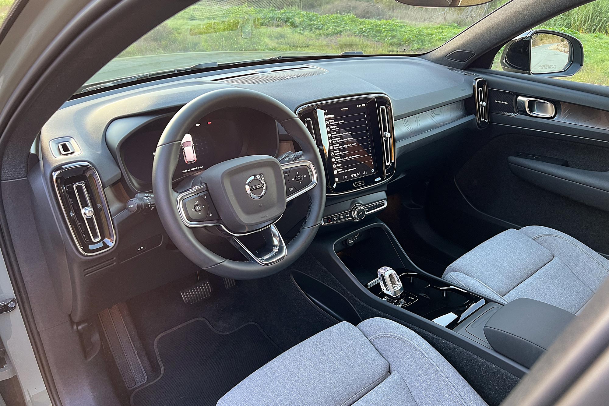 2023 Volvo XC40 Recharge front seats and infotainment screen.