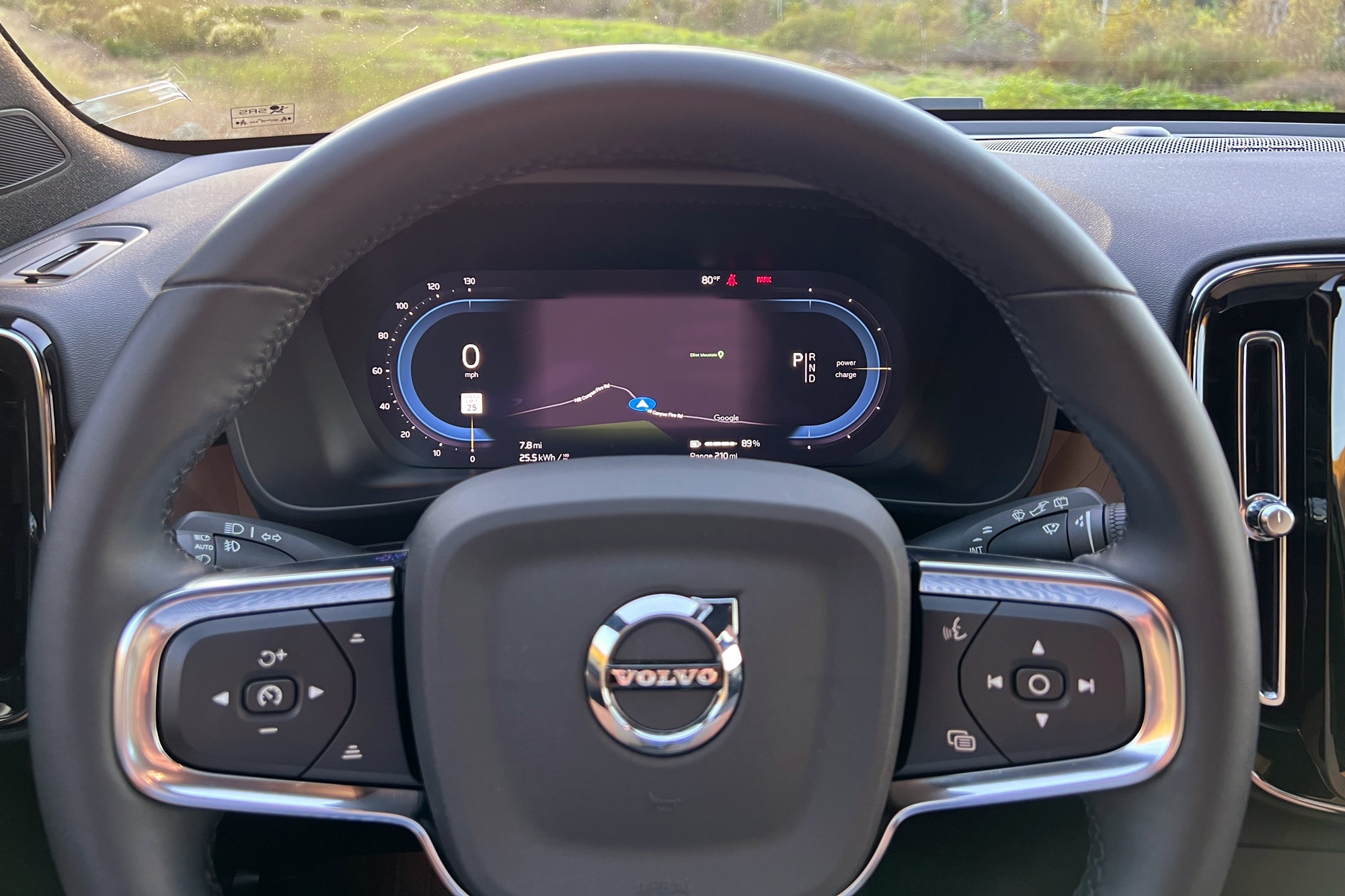 2023 Volvo XC40 Recharge digital instrument cluster and steering wheel.