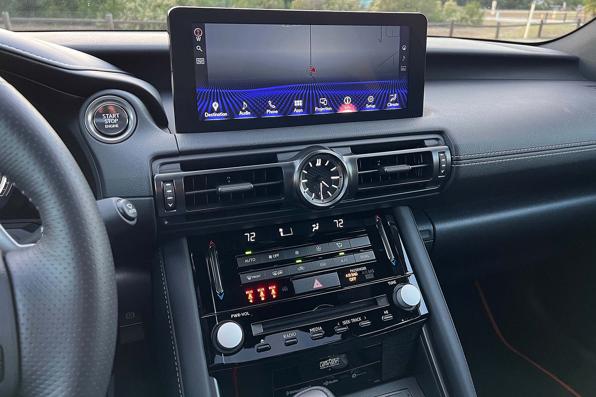 The infotainment screen and center stack of a 2023 Lexus IS 500