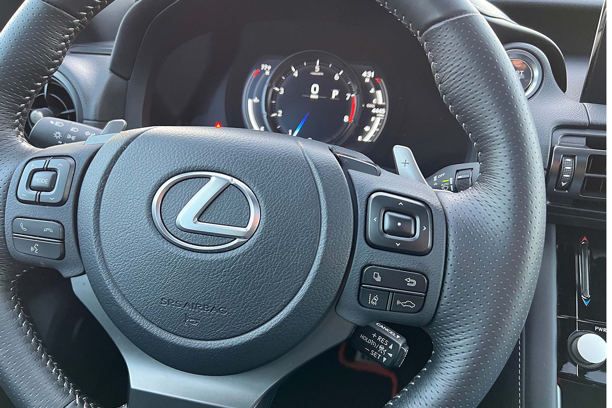 Steering wheel and gauge cluster of a 2023 Lexus IS 500