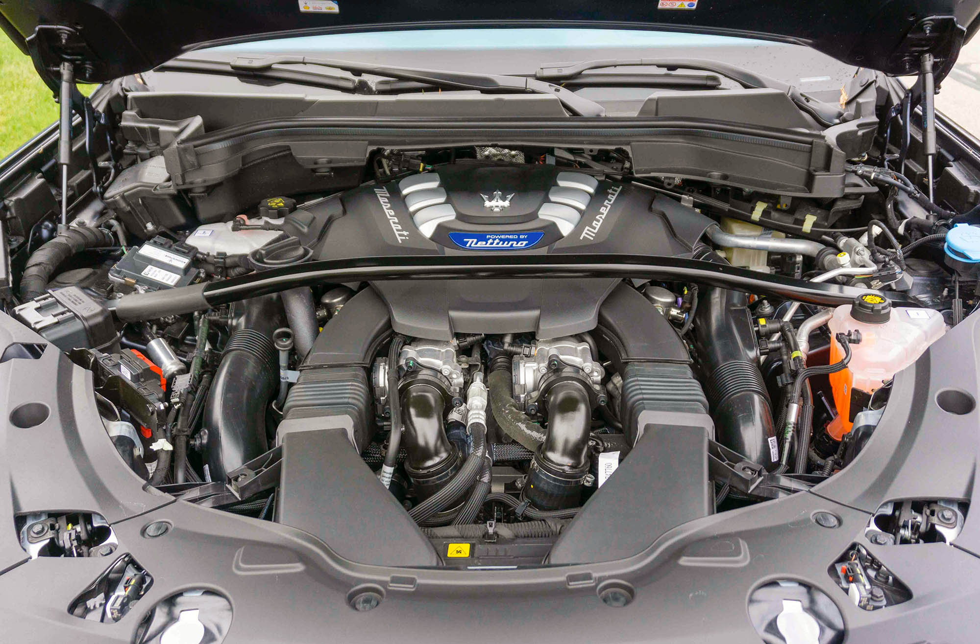 2023 Maserati Grecale Trofeo V6 engine beneath open hood