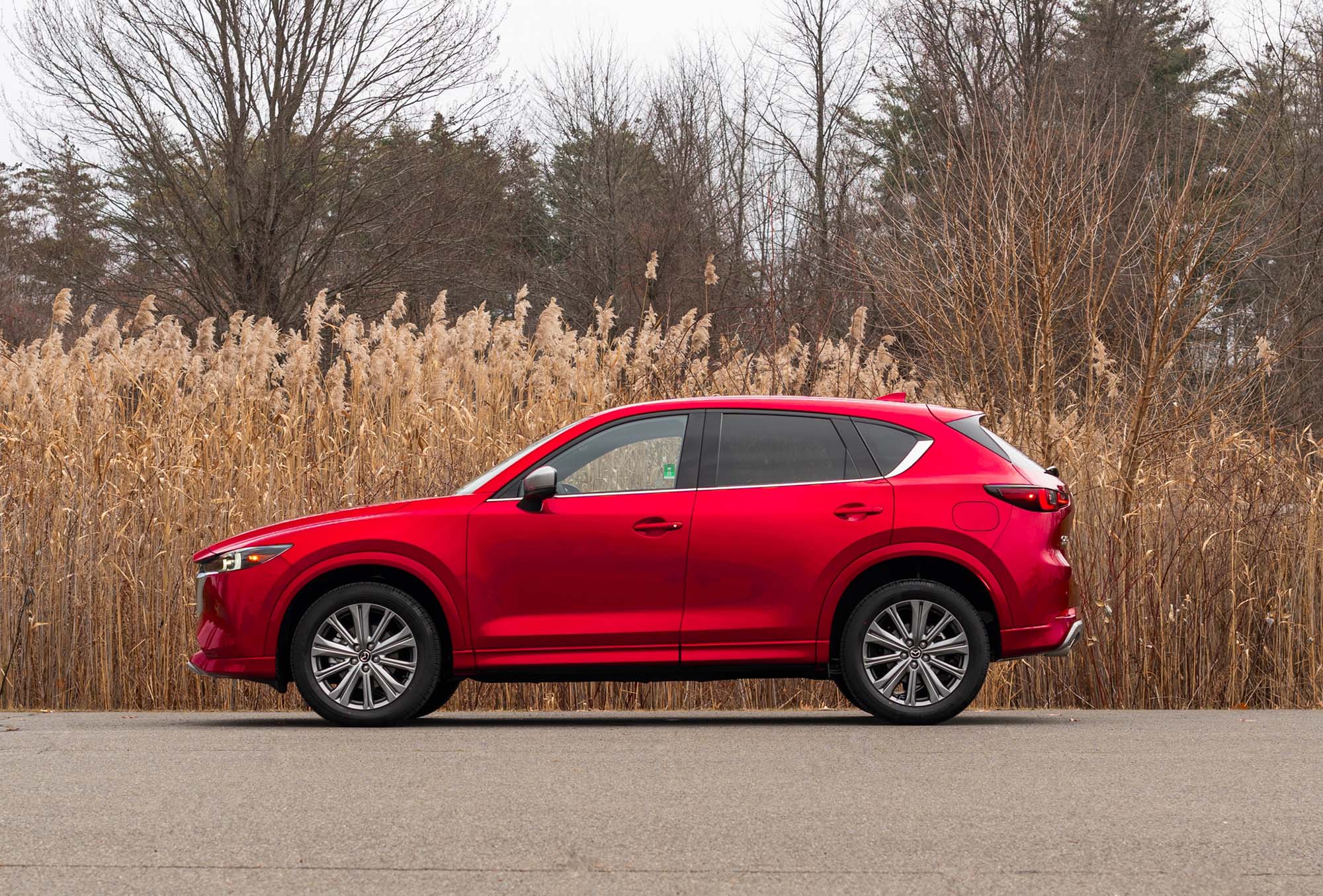 2024 Mazda CX-5 in red parked in front of a brown winter landscape.