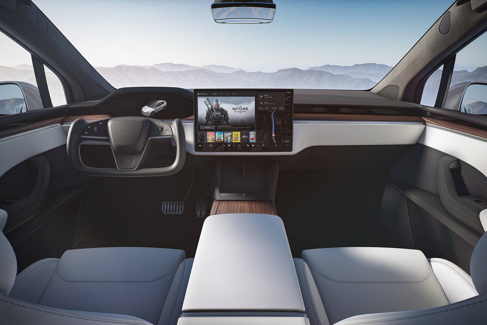 Tesla Model X interior in white.