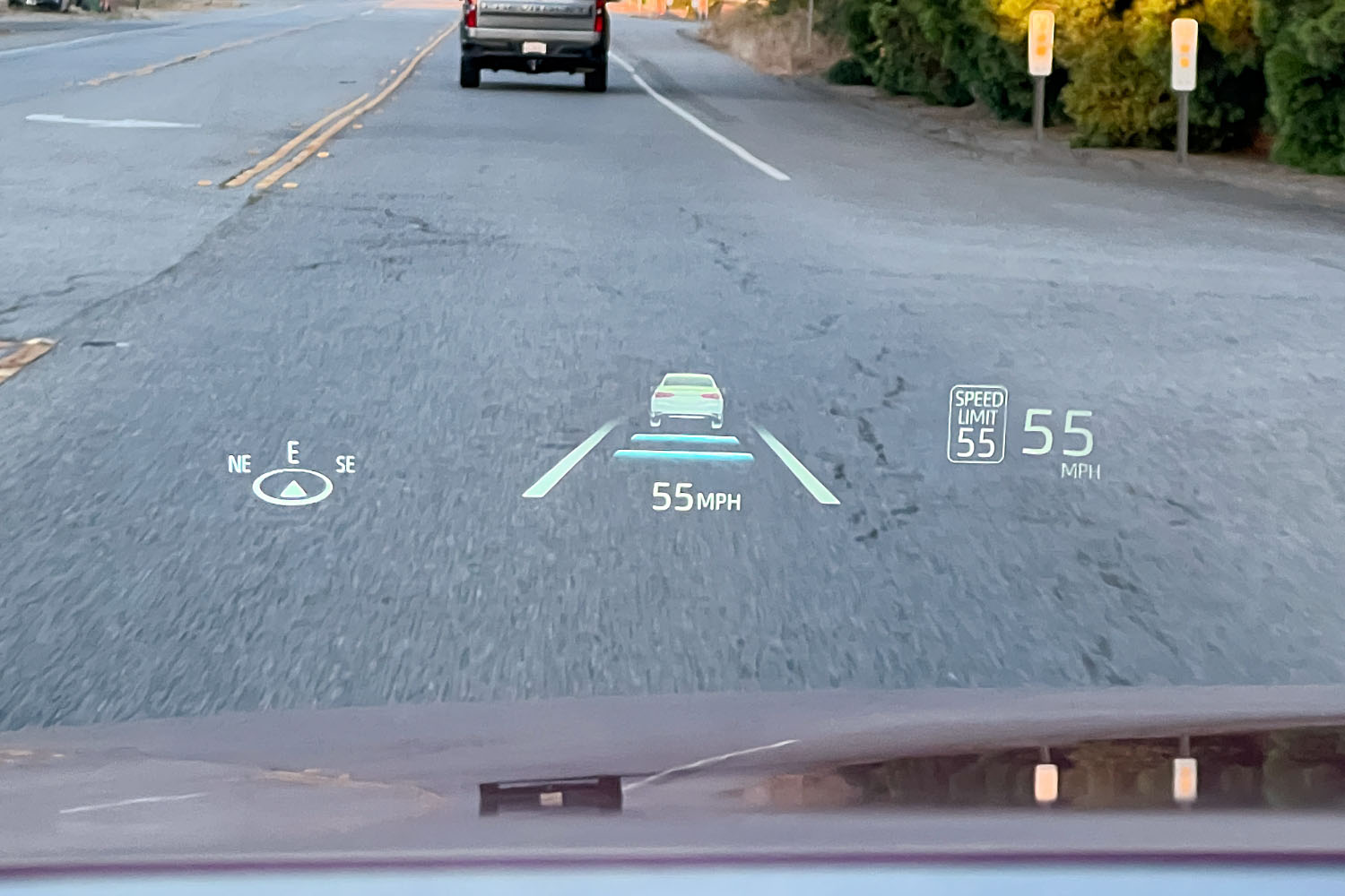 Head-up display in the 2023 Toyota Mirai showing orientation, lane position, and speed
