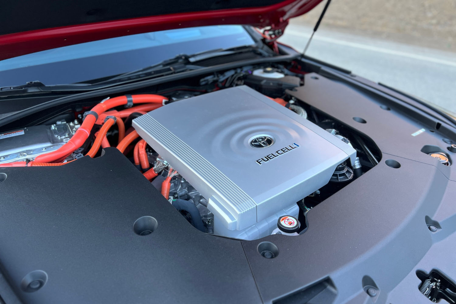 Under-hood view of the fuel cell in a 2023 Toyota Mirai
