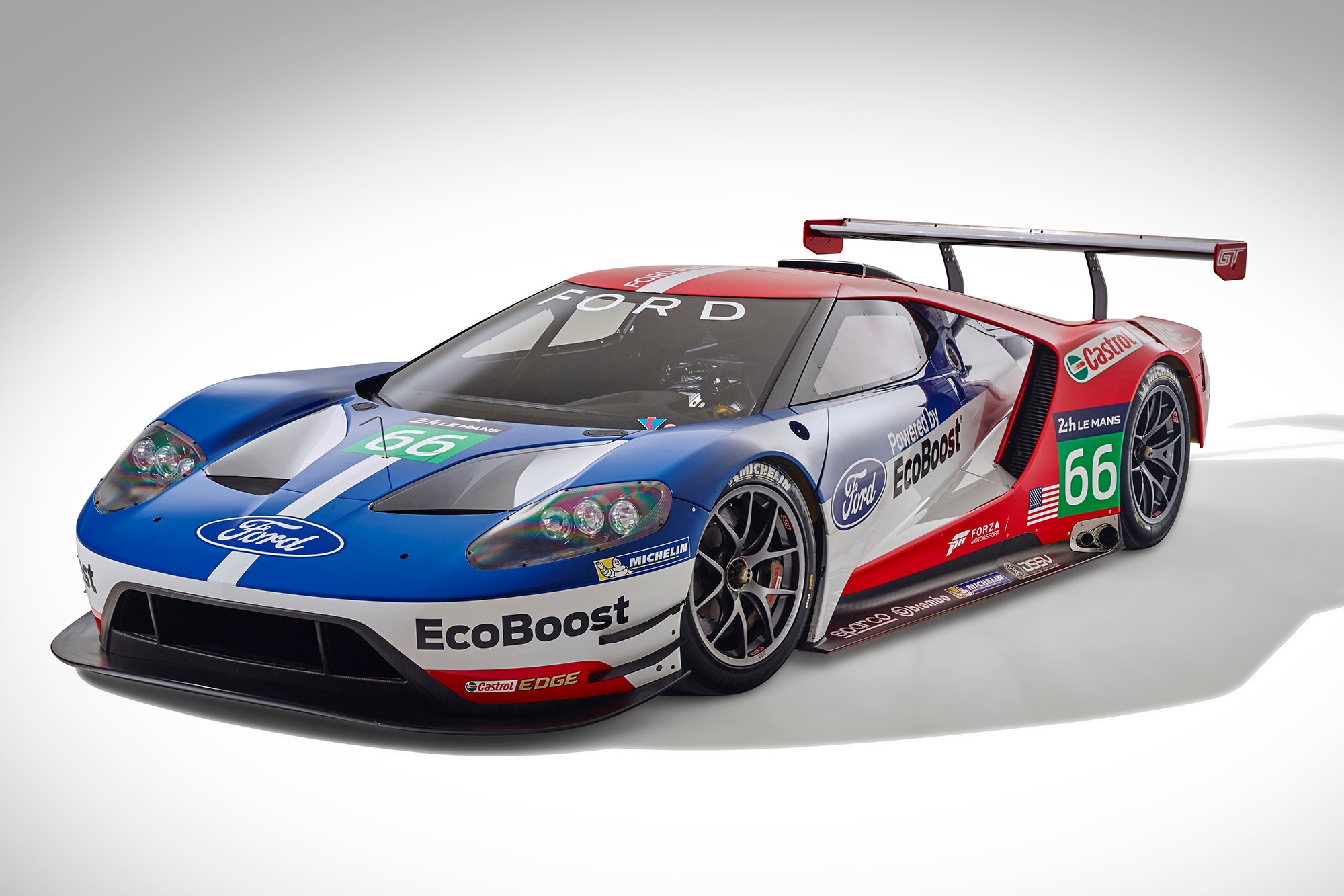 The red, white, and blue Ford GT which campaigned at Le Mans in 2016