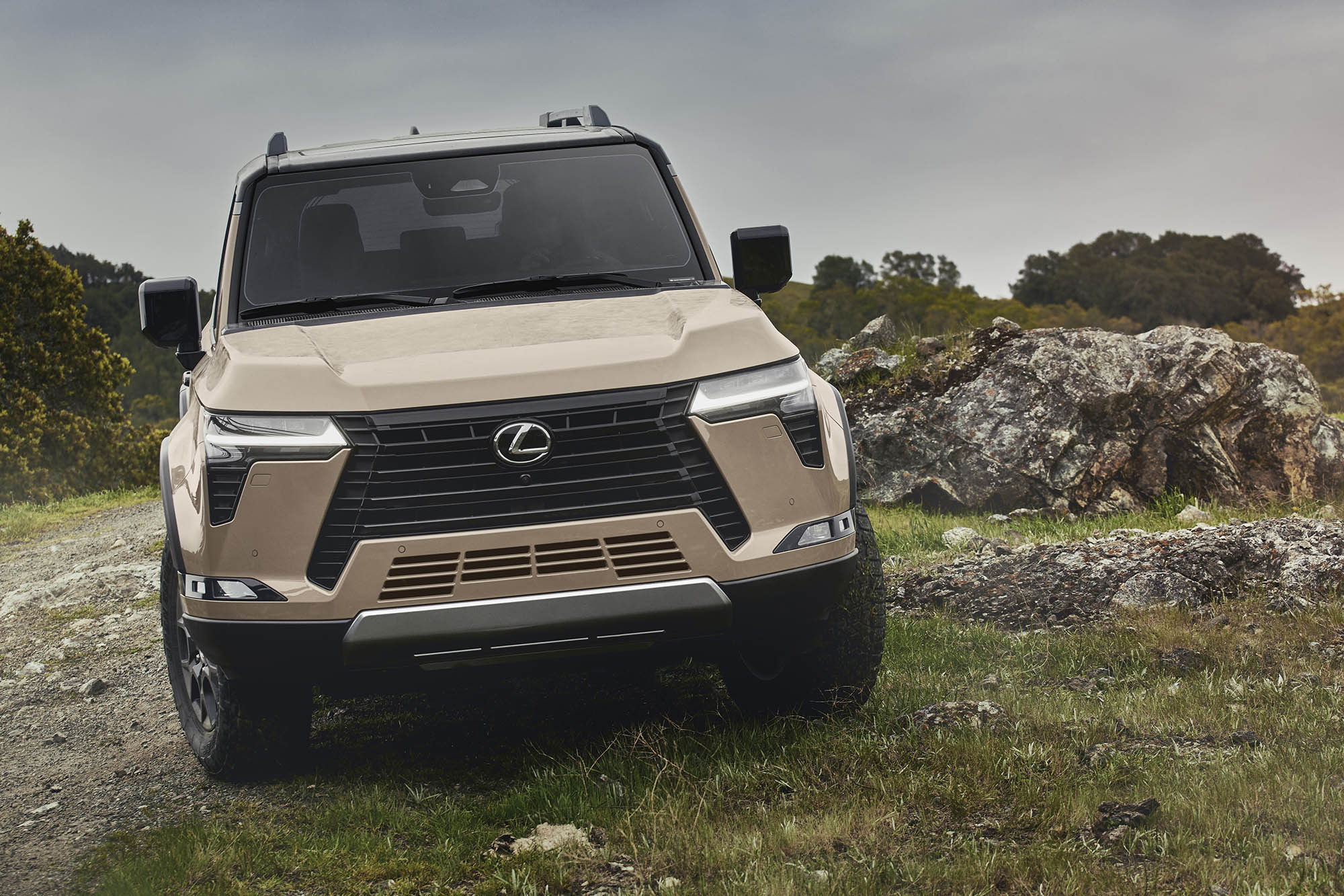Front view of a tan 2024 Lexus GX 550 parked on a rocky trail.