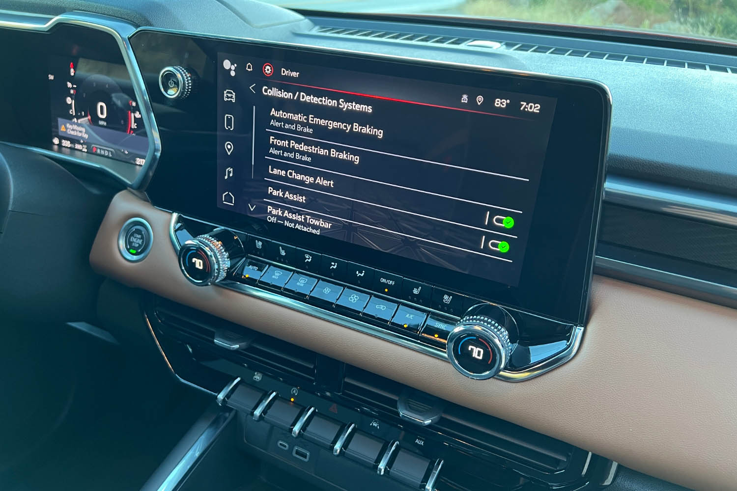 Infotainment screen of a 2023 GMC Canyon displaying safety settings