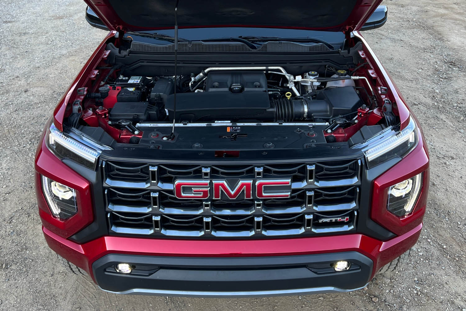 Engine bay of a red 2023 GMC Canyon