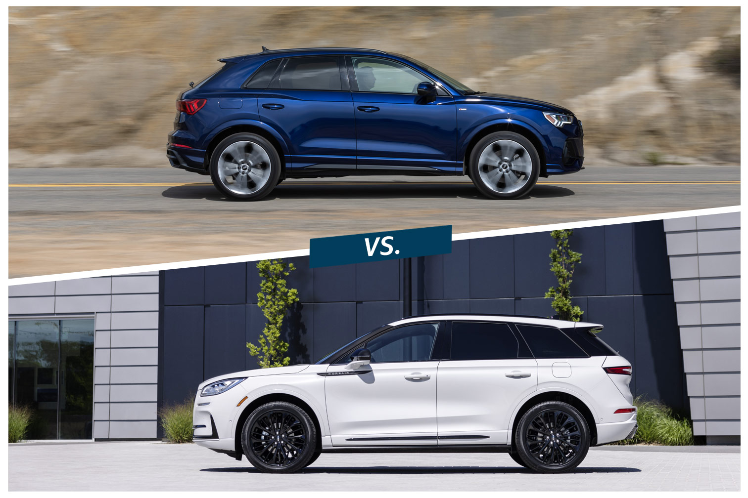 Blue Audi Q3 on top of split image with white Lincoln Corsair beneath