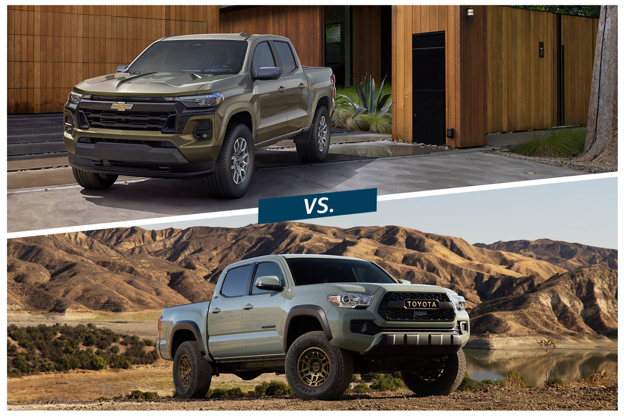 2023 Chevrolet Colorado LT in green compared to 2023 Toyota Tacoma Trail in green