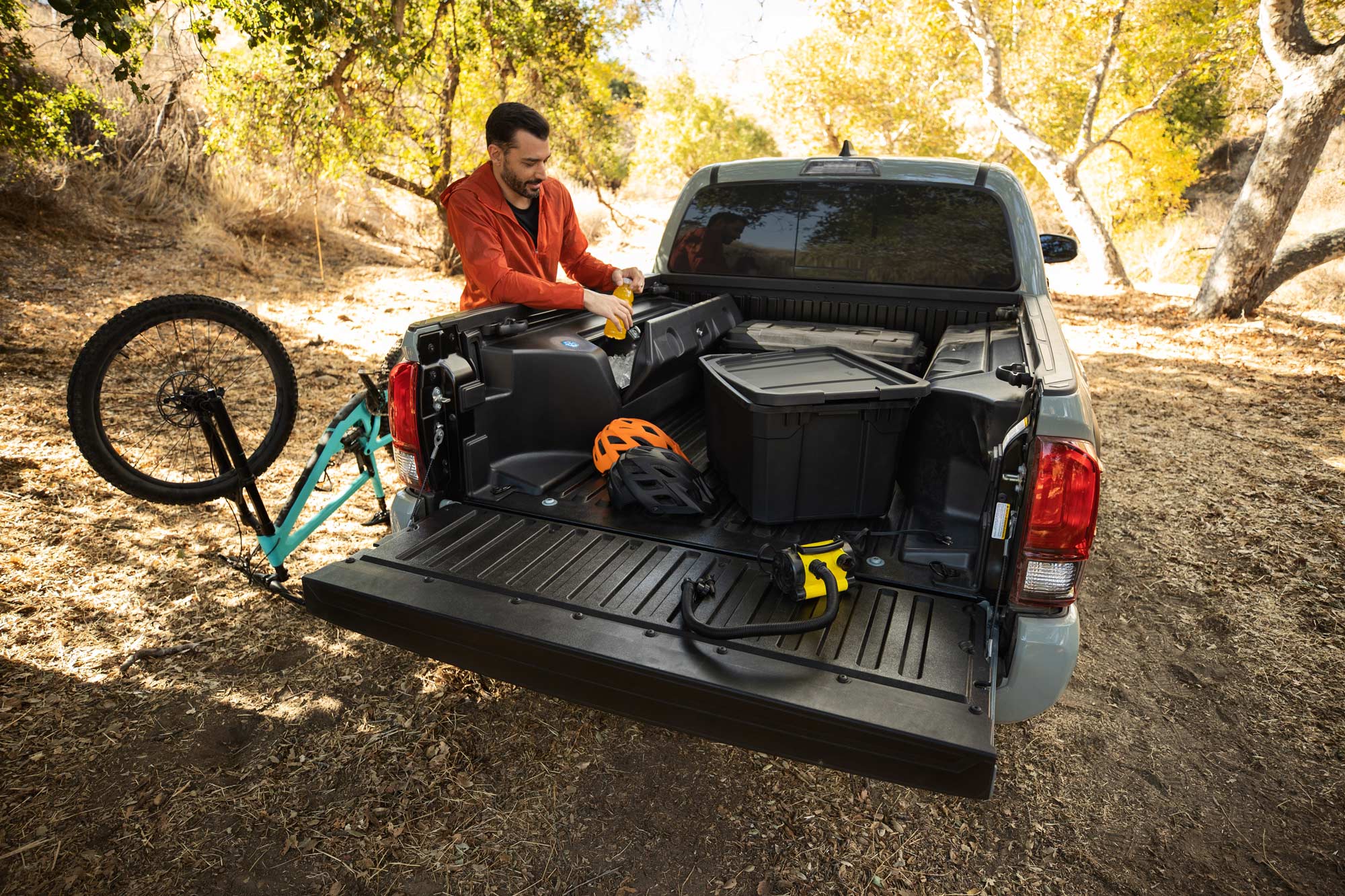 2023 Toyota Tacoma Trail truck bed packed for a bike ride